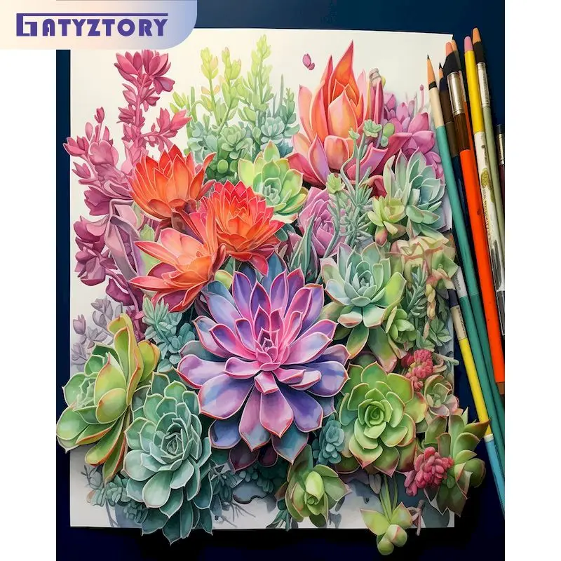 

GATYZTORY Acrylic Diy Painting By Numbers Colorful Succulent Acrylic Paint On Canvas Draw Coloring By Numbers For Diy Gift