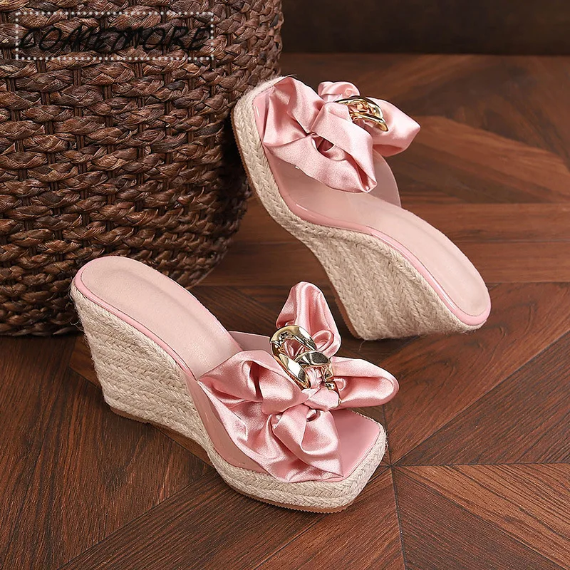 Luxury Sandals Platform Wedges Heel Slippers Women 2024 Summer Fashion Pink Butterfly-knot Designer Plus Size 45 46 Female Shoes