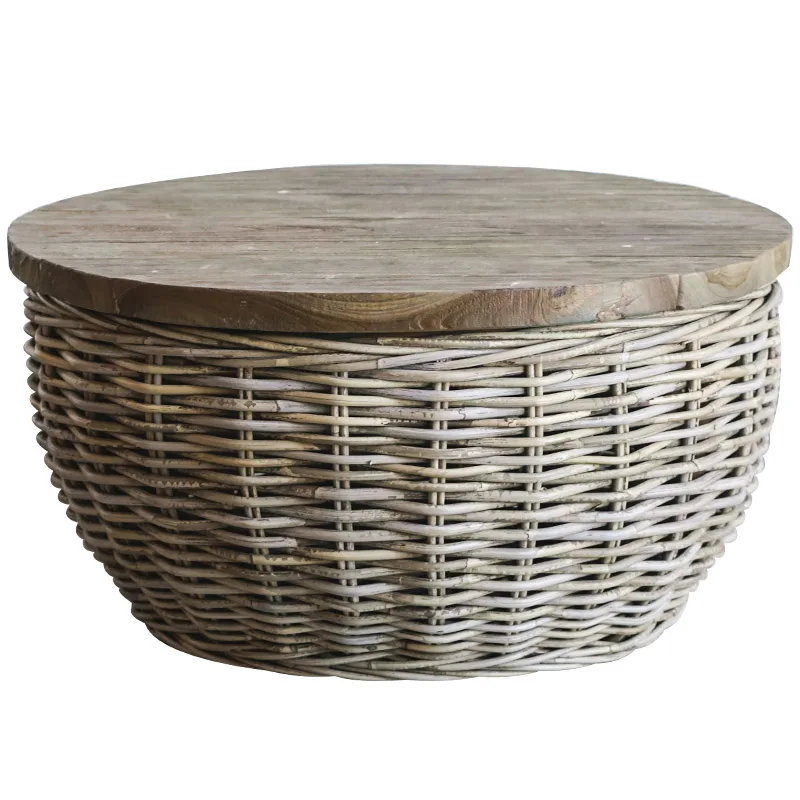 

Retro wabi style living room creativity, storage coffee table American country, round small table teak desktop