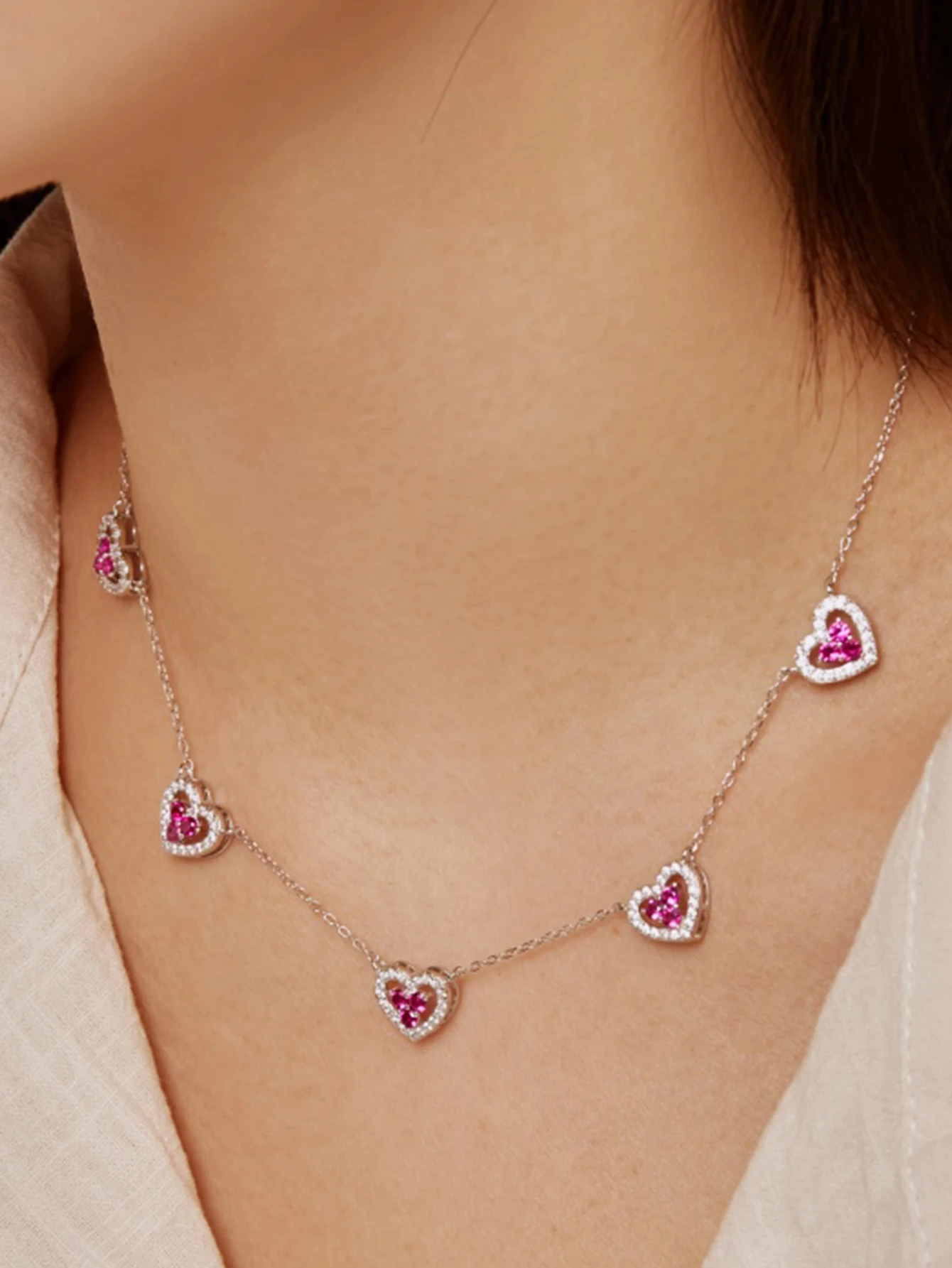 Genuin‌e S925 Sterling Silver Hollow out 5 Hearts Necklace Cubic Zircon Adjustable Chain Jewelry Gift for Women Anniversary