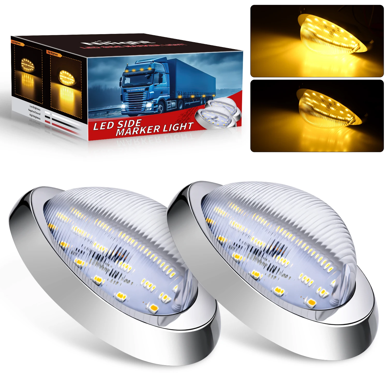 Nilight 2PCS 6 Inch Amber Teardrop Oval Side Marker Lights with Turn Signal 18 LED Clear Lens Chrome Housing IP67 Waterproof Universal Surface Mount Lamp for Freightliner Trucks Trailers Sleeper Cab