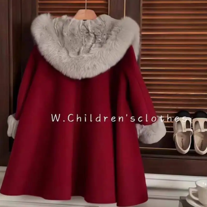 Children Girls Cotton-padded Overcoat Faux Fur Hooded 1-10Y Kids Boys Fluffy Parkas Thicken Warm Red Soft Little Boys Outerwear