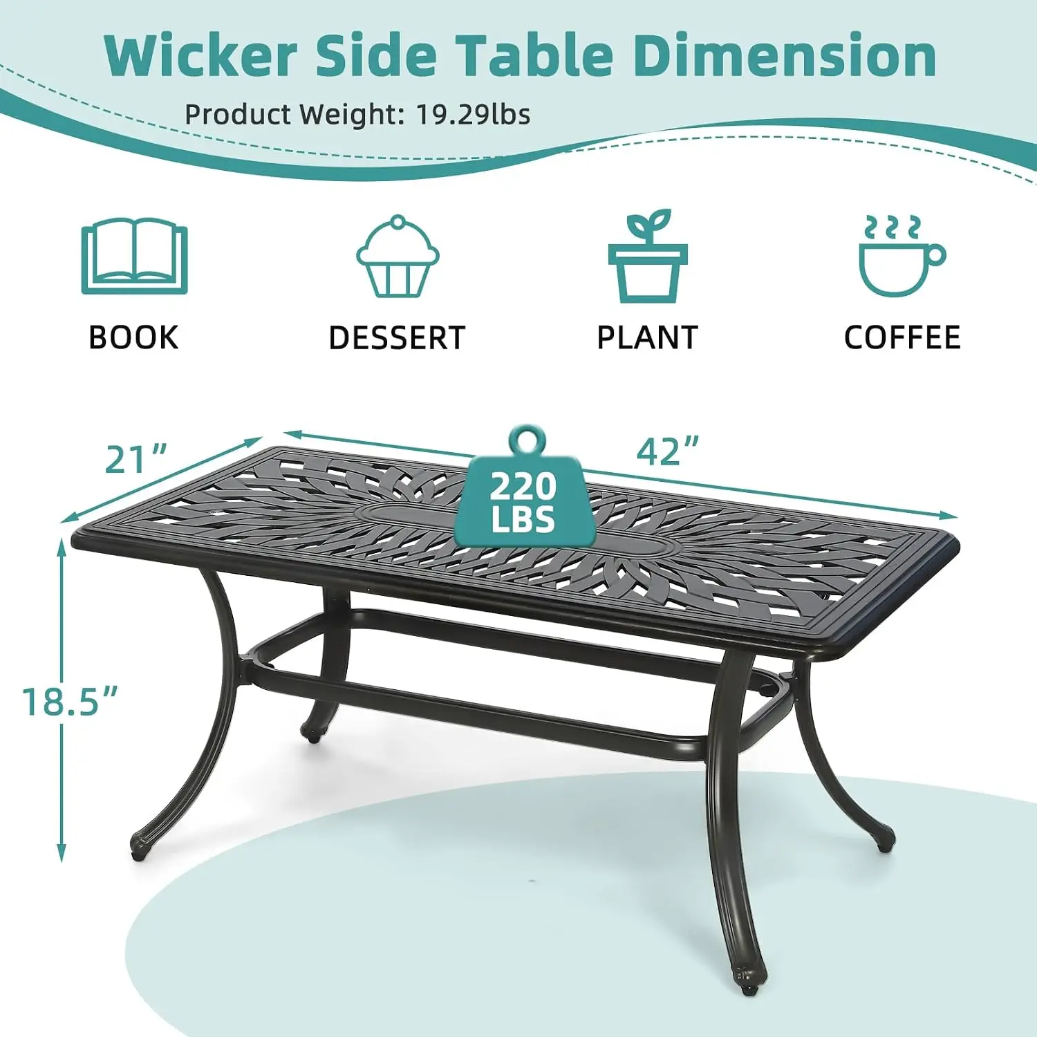 Outdoor Coffee Table All Weather Cast Aluminum 42 Inch Rectangle Patio 220 LBS Heavy Duty Side Balcony Poolside Deck Garden Indo