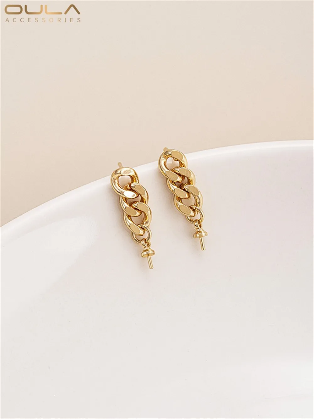 14K Gold-Color Plated Chain Hanging Eye Half Hole Bead Earrings 925 Silver Needle Handmade Diy Sticky Bead Earrings Accessories image 2