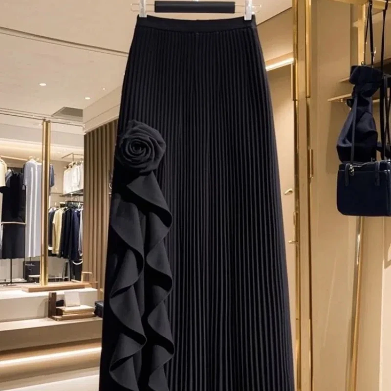 Autumn and Winter New Black Pleated A-line Half Skirt for Women with Elastic Waist and Slimming Design High-end Mid Length Skirt