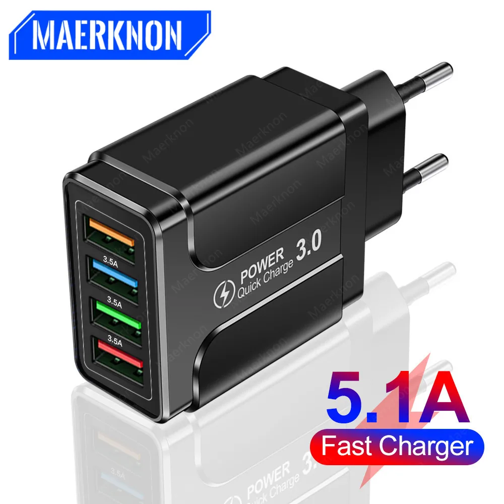 5.1A 4 caricabatterie rapido USB Quick Charge 4.0 3.0 parete universale per iPhone 12 11 caricabatterie per telefoni cellulari Samsung Xiaomi