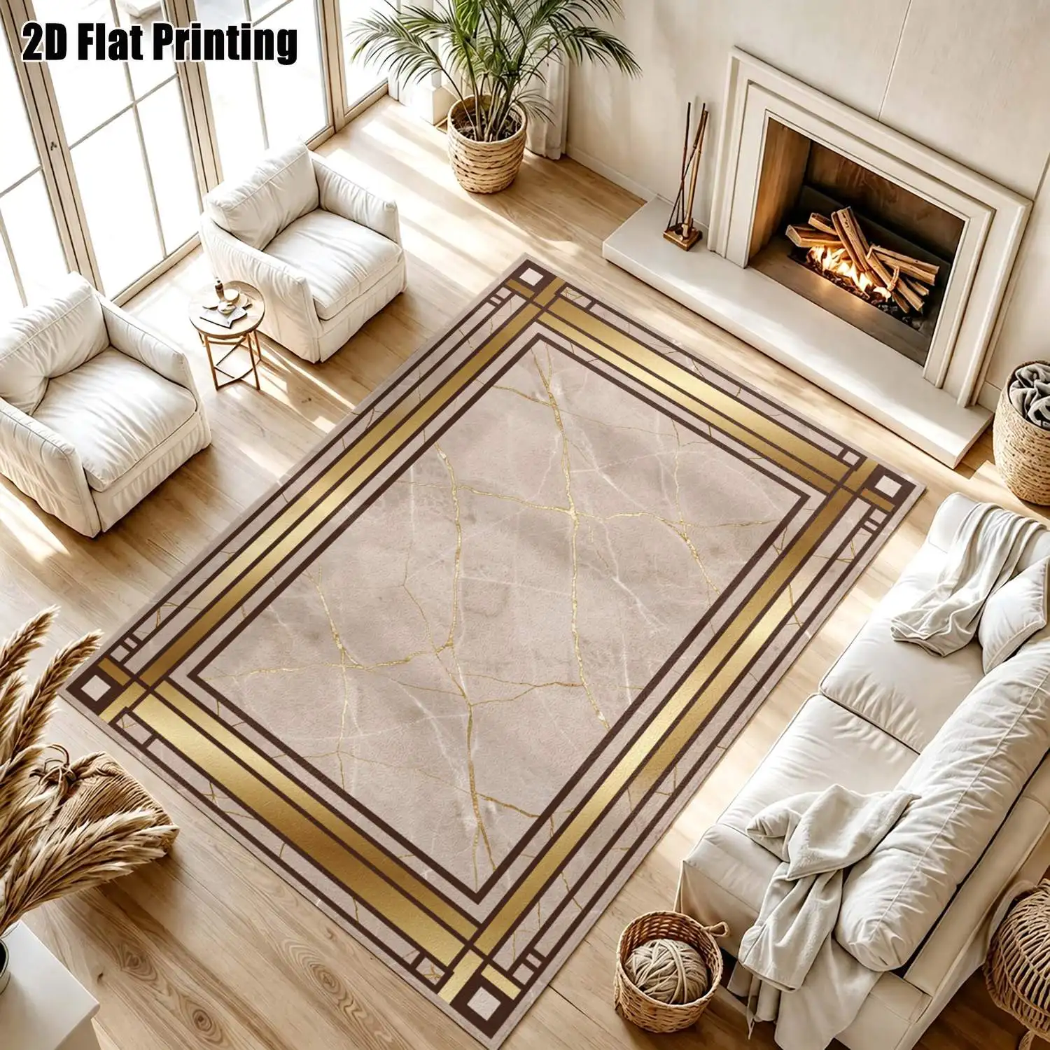 1Pc 2D Printed Beige Marble Pattern Carpet: European, Modern Minimalist, Instagram Style, Geometric Striped, Machine Washable, Multi-Size Home Decor Floor Mat for Entrance, Foyer, Living Room, Bedroom, Dining Room