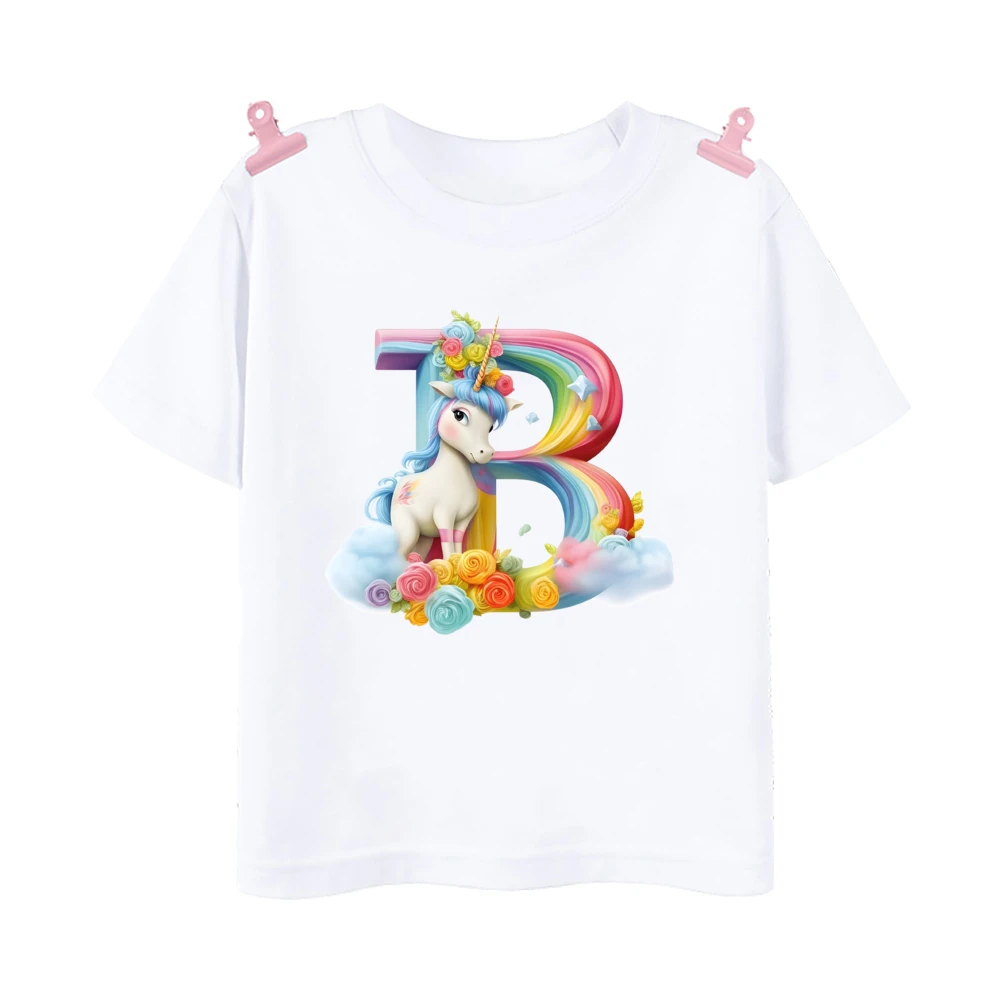 Unicorn Rainbow Initial A-Z Printed Kids Shirt Child Summer T-shirt Boys Girls Short Sleeve Tops Clothes Cute Toddles Outfit Tee