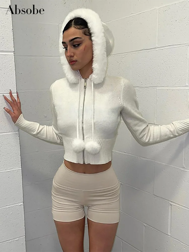 Absobe Knited Plush Crop Hooded Coat Women Zipper Cardigan Sweater Long Sleeve Slim Casual Top Hottie Autumn Outfit Streetwear