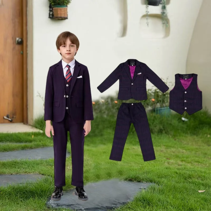 

Детский весенне-осенний фиолетовый костюм на свадьбу, день рождения, костюм с цветочным узором для мальчиков, костюм для выступлений, детский школьный костюм для фотосессии