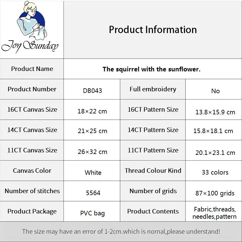Joy Sunday The Squirrel Pattern Cross Stitch Kit 14CT 16CT 11CT White Count Canvas Set DIY Haft Home Decor Gifts
