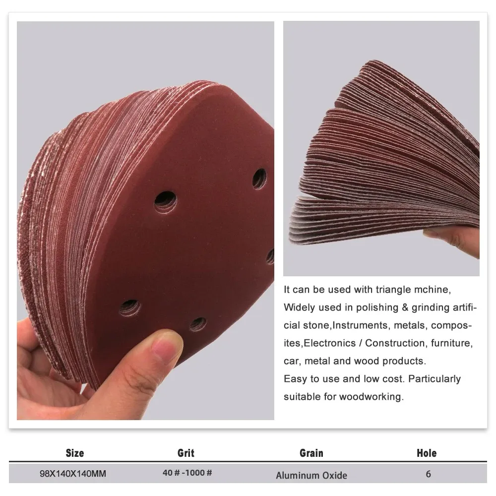 140*98*mm 6Hole Sanding Sheets Triangle Red Sandpaper Hook & Loop 40 -1000 Grits Abrasive Sanding Disc For Wood Sanding(20 Pcs)