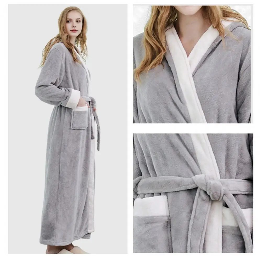 Women Winter Nightgown Thick Flannel Warm Lace Up Adjustable Belt Colorblock Hooded Pockets Great Water Absorption Ankle Length