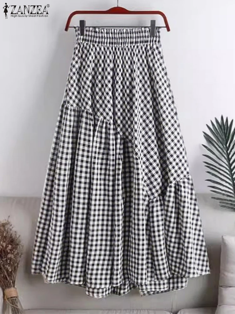 ZANZEA Autumn Checked Long Skirt Women Stylish Holiday Sundress Casual Elastic Waist A-line Faldas Saia Loose Maxi Skirts Jupe