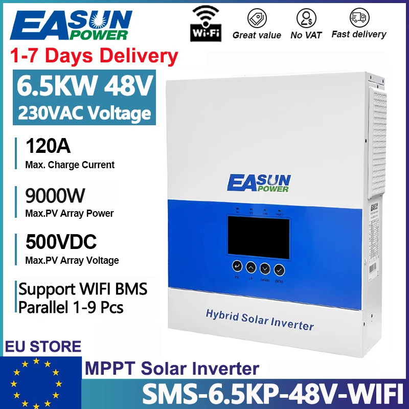 EASUN Power 6,5KW 4KW 2KW Hybrid-Solarwechselrichter 48V 24V 12V 230V 120A MPPT-Laderegler Netzunabhängig Reine Sinuswelle Mit WLAN