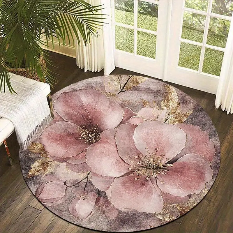 A Romantic Round Rug with a Floral Design in 2D, Lightweight, Machine Washable, Perfect for Home Decor. Its Vintage Floral Style Creates an Elegant And Gentle Atmosphere, Suitable for The Living Room, Bedroom, Hallway, Study