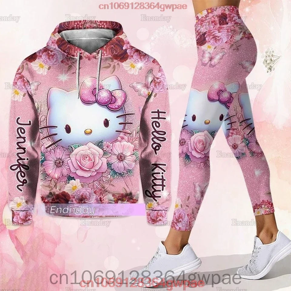 Free Custom Name Hello Kitty 3D Women's Hoodie and Leggings Suit Cute Hello Kitty Yoga Pants Sweatpants Fashion Sports Suit Set