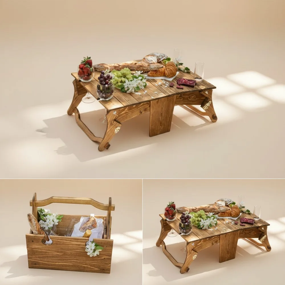 Mesa de picnic de madera plegable portátil con soporte para copas de vino - Bandeja de refrigerios al aire libre 2 en 1 para acampar y hacer playa
