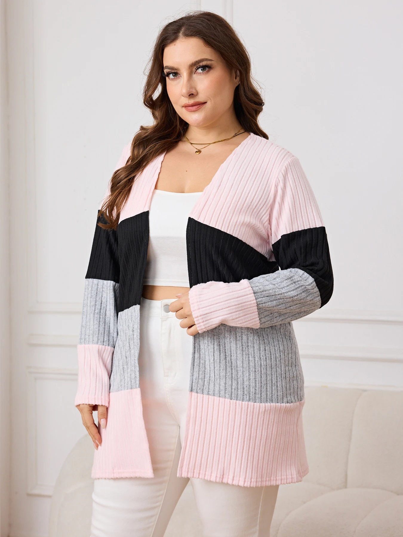 Otoño Invierno nuevo elegante talla grande mujer Color bloque tejido Top moda manga larga cárdigan abierto abrigo para ir al trabajo