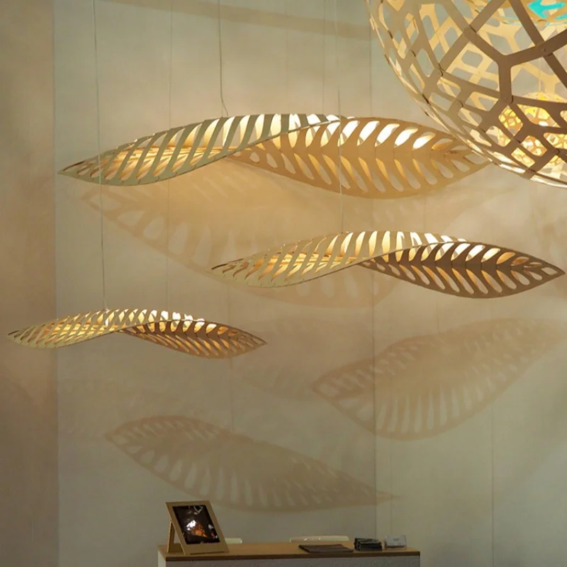 Nordic Wood Fish Bone Led Pendant Lights Dining Room Hanging Lamp Modern Simple Chandelier Art Decor Suspend Lamp Indoor Light