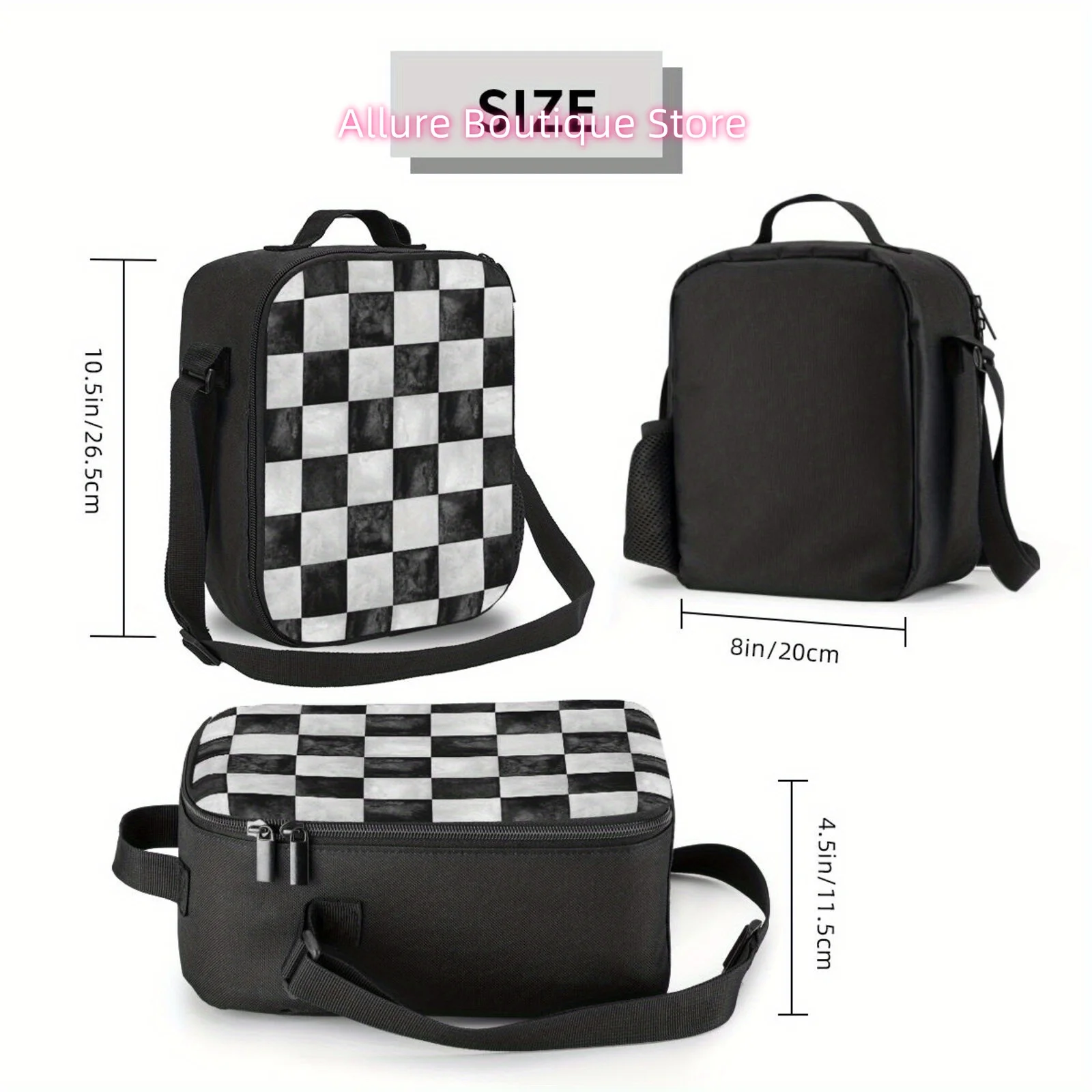 1pc Black & White Checkered Insulated Lunch Bag - Durable Polyester, Non-Food Contact, Reusable Tote for Work, Travel, Picnic -