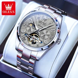 OLEVS Fashion Casual Silver Gray Tourbillon Watch Men Steel Automatic Mechanical Watch Reloj Hombre Business Luxury Watches