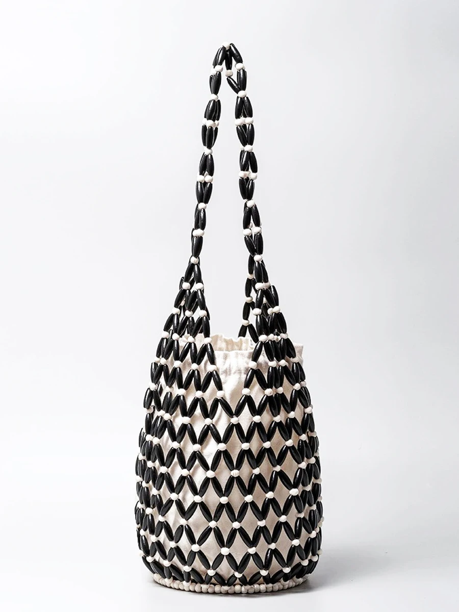 

Женская тканая сумка, летний дизайн, ажурная деревянная сумка-тоут с бусинами, сумка через плечо, женская сетчатая парусиновая пляжная сумка