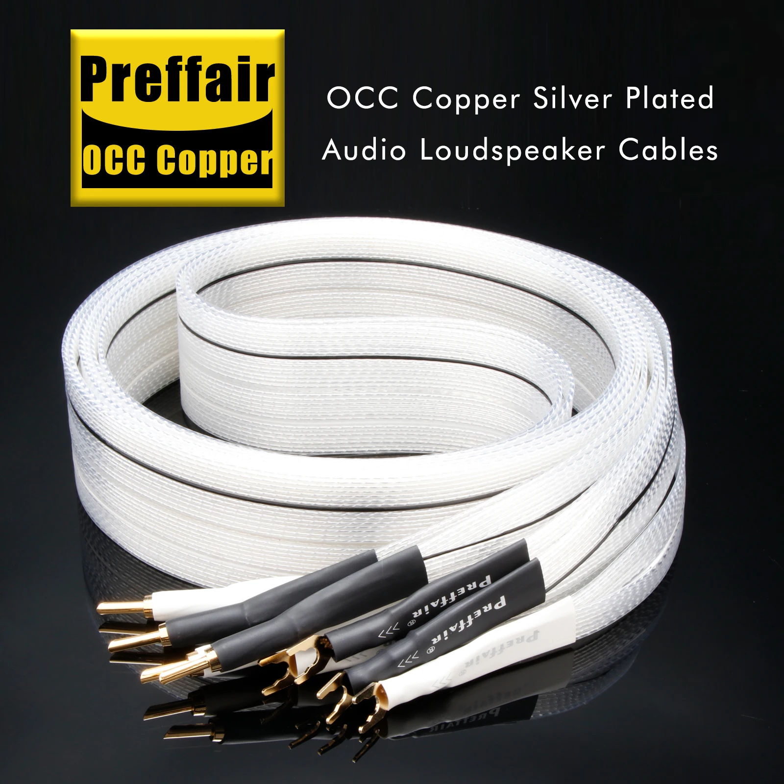 Preffair 7N OCC Copper Silver Plated Flat with Serrated Solid Gold-plated Banana Y Plugs Cable for Speaker Amplifier