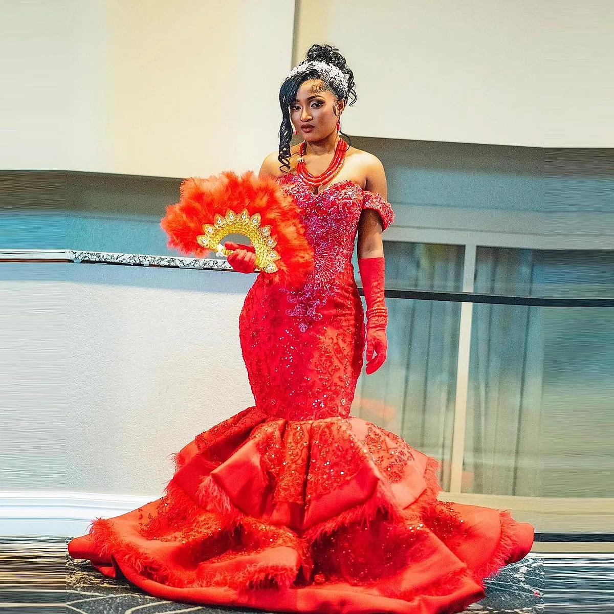 Red Aso Ebi Evening Dresses Off The Shoulder Tiered Feathers Plus Size Prom Gowns Mermaid Party Dress For African Women