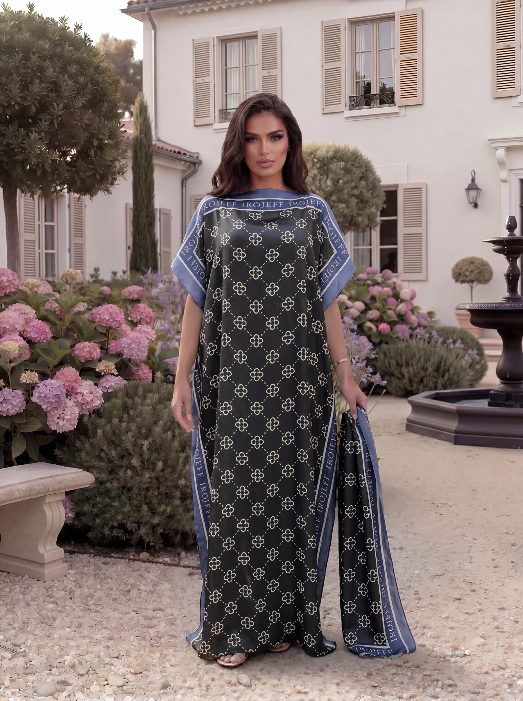 Clover Geometric Print Satin Abaya Scarf Set, Loose Batwing Kaftan For Muslim Women Summer Holiday Wear - view 4