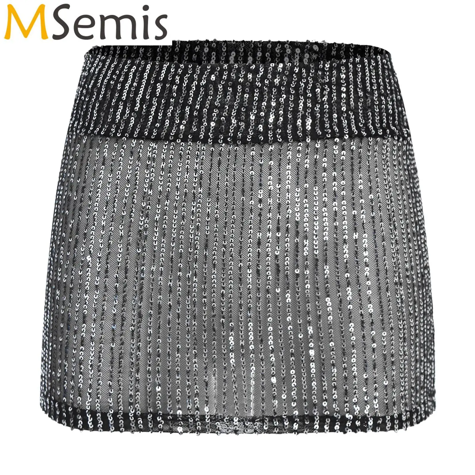 

Womens Sparkly Sequins Club Mini Skirt High Waist See-through Mesh Hip Hugging Skirt Vintage Rave Festival Outfits Clubwear