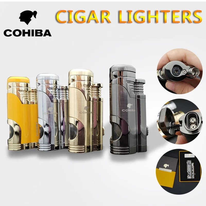 COHIBA Cigar Specific Double Direct Spray Inflatable Lighter With Cigar Scissors Metal Windproof Lighter High-End Gift