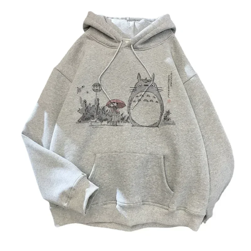 Kualitas tinggi kartun Anime Jepang Totoro Hoodie wanita Kawaii Hoodeis Miyazaki Hayao Studio sweatpria abu-abu Sweatshirt