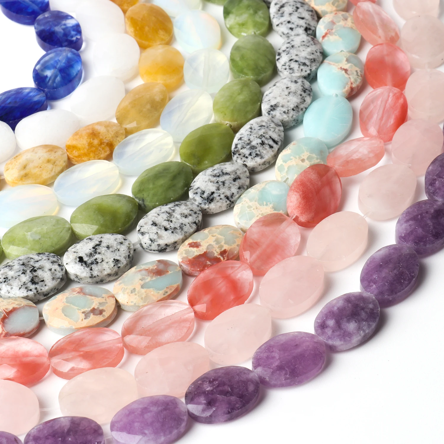 18x13mm Natural Oval Agates Jades Quartz Crystal Faceted Amazonite Stone Beads Flat Loose Beads For Jewelry Making DIY Bracelets