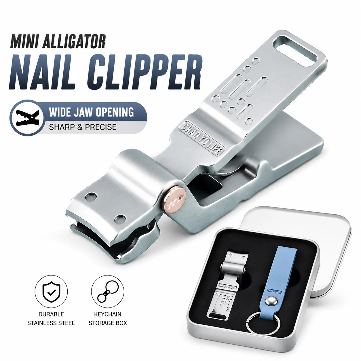 Small Crocodile Nail Clipper Stainless Steel Sharp Portable Nail Cutter with Keychain Storage Box Powder Die-Cast Large Opening Nail Scissors