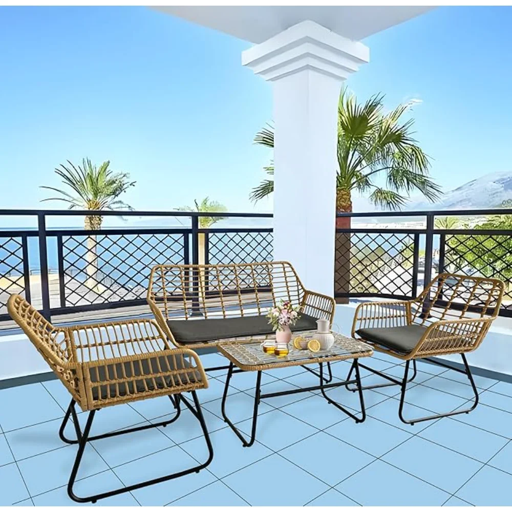 

4 Piece Rattan Patio Furniture Set,Indoor/Outdoor Wicker Conversation Set with Loveseat,Chairs and Table