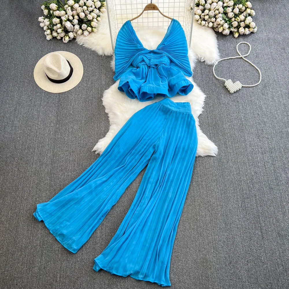 Pant Set Women Two Piece Sets V Neck Ruffles Bat Sleeve Short Tops Wide Leg Long Pants Elastic Waist Y2k Streetwear Elegant