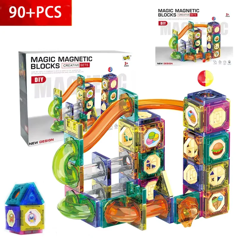 New 90+PCS 3D DIY Versatile Educational Marble Run Tracks Magnetic Track Building Blocks Puzzle Pipeline Assembly Toys Kids Gift