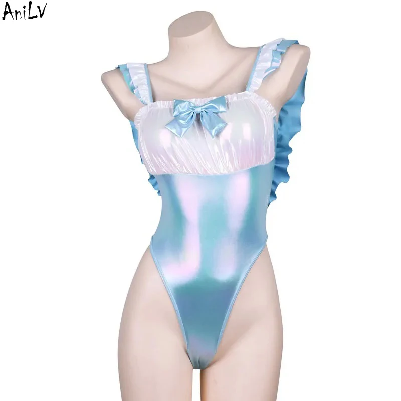 AniLV Shiny Girl Blue Laser One-piece Swimstuit Unifrom Women Anime Ruffles Bow Backless Bodysuit Swimwear Costumes Cosplay