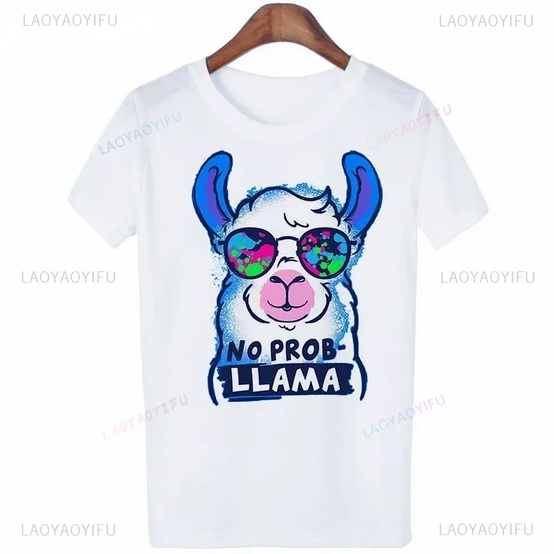 Camiseta de algodón divertida con estampado de lama para mujer, moda de verano, ropa de calle informal, camiseta femenina con estampado estético de alpaca