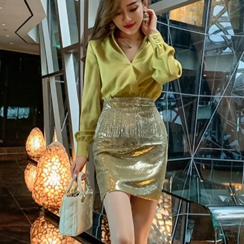 Female Outfits Party Long Sleeve Skirt Sequin Sexy Women\'s Two Piece Set Co Ord Full Festival Top and Bottom New in The Same