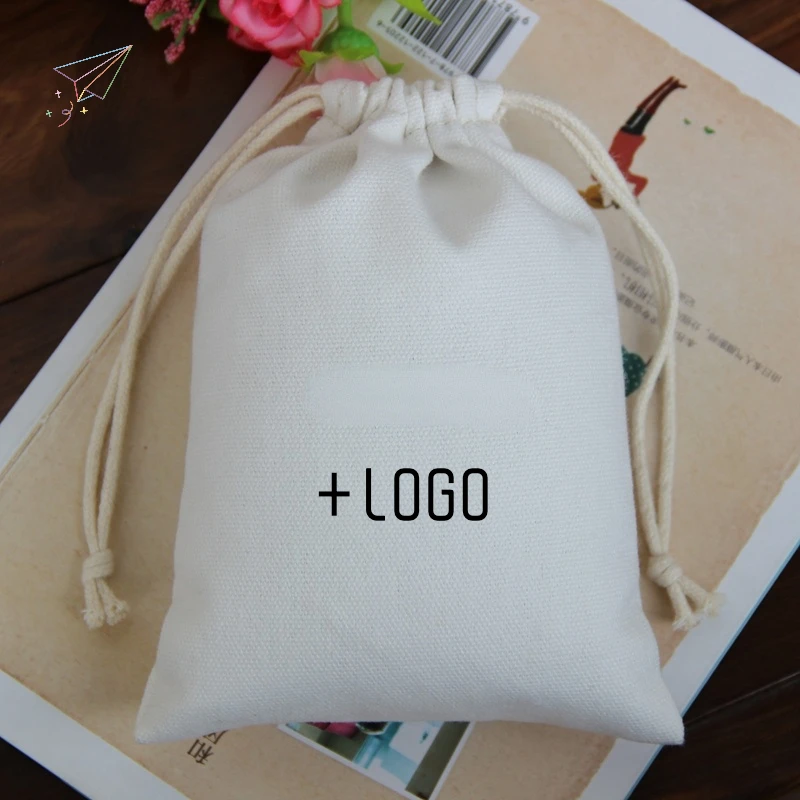 Print Logo Custom Natural Canvas Bag for Packaging Jewelry/Makeup/Storage/Wedding/Gift/Party/Shoe Bag Drawstring Dustproof Pouch