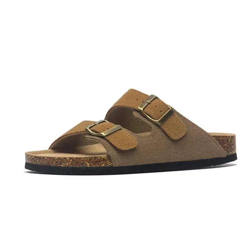 New Summer Men's Cork Slippers Suede Leather Mule Clogs Slippers Man Soft Cork Two Buckle Beach Slides Footwear For Men