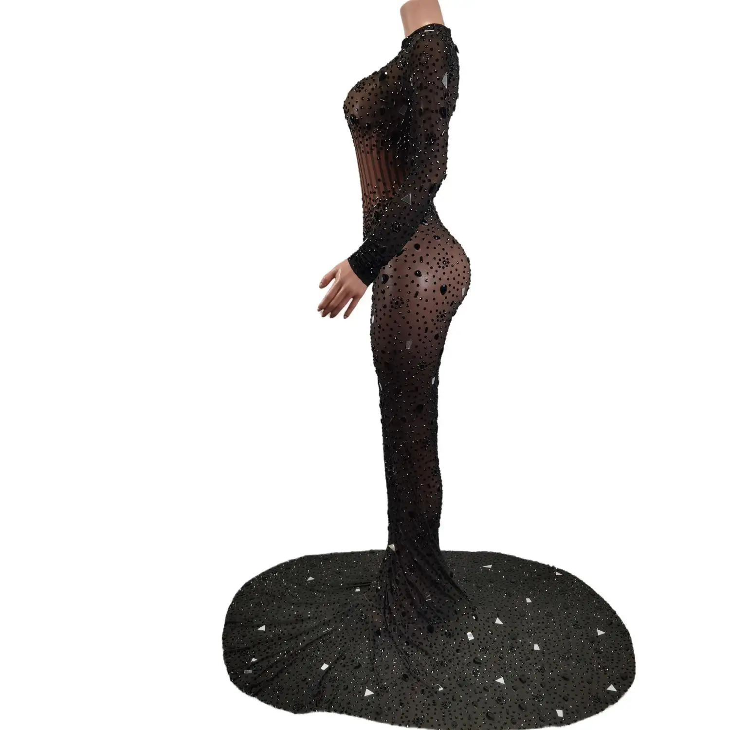 

Sparkly Rhinestones Long Tail Mirror Dress Sexy luxurious Back Evening Black Mesh Stones Costume Party Celebrate Dress Weihei