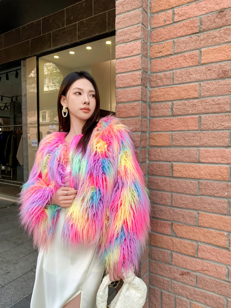 Original Design Female Fashion Pink Colorful Faux Fur Coat Lady Shaggy Outerwear Women\'s Short Jacket Factory Direct Sales