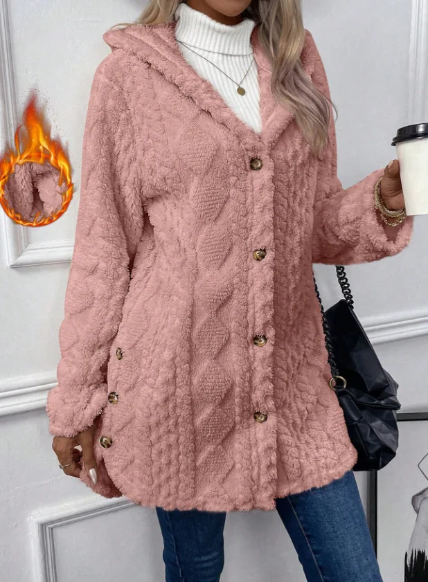 Women's Casual Argyle Textured Pattern Hooded Buttoned Fleece Coat Daily Clothing Autumn New Fashion Women Long Sleeve Jacket