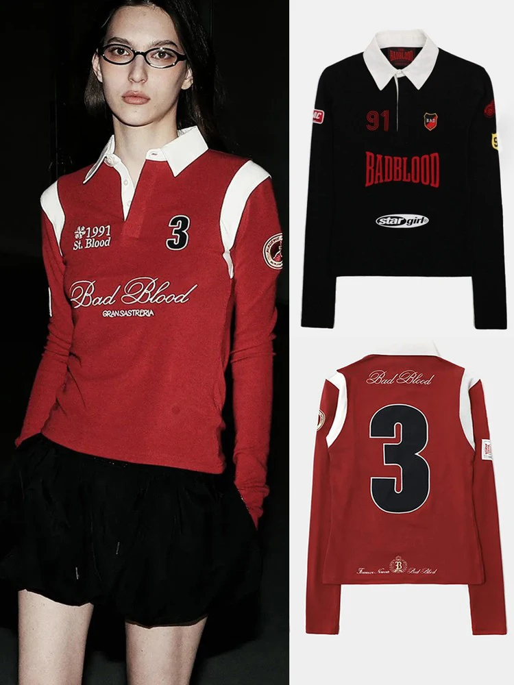 

Ретро-американский повседневный уличный стиль: красная женская футболка с длинным рукавом, облегающая, для осеннего сезона, модная, в стиле Spicy Girl