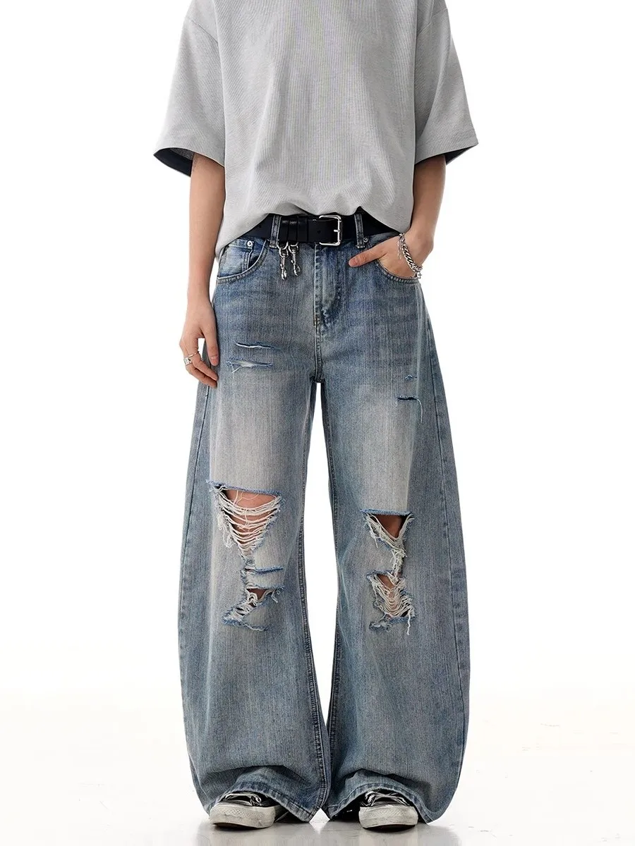 

Retro American Hole Knife Jeans Loose Fit Men Women Trendy Brand Casual Wear Long Pants High Waist Straight Leg Denim Jeans