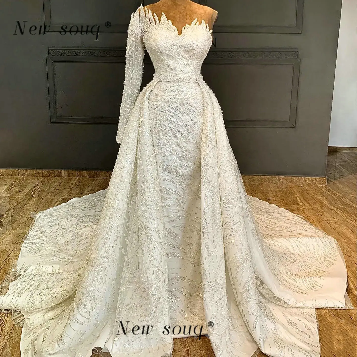 

Dubai Arabic Aso Ebi Ivory One Shoulder Sleeve Mermaid Wedding Dresses Luxury Pearls Beaded Overskirts Bridal Gowns Customised