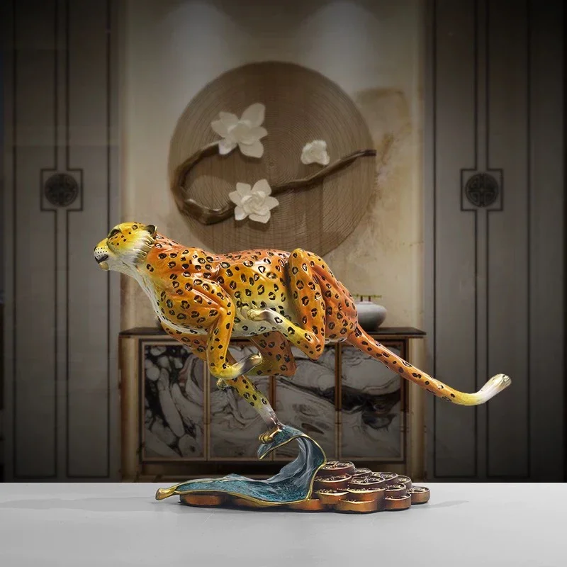 Escultura  leopardo  cobre, obra  arte  latón  lujo, coración artesanal para escritorio  oficina, coración para